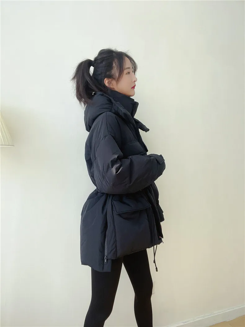 Winter Hooded Parkas Warm Jacket Women Down Cotton Coat Irregular Fluffy Bubble Drawcord Waist Outwear