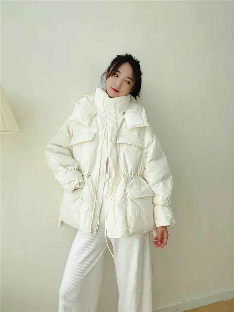 Winter Hooded Parkas Warm Jacket Women Down Cotton Coat Irregular Fluffy Bubble Drawcord Waist Outwear