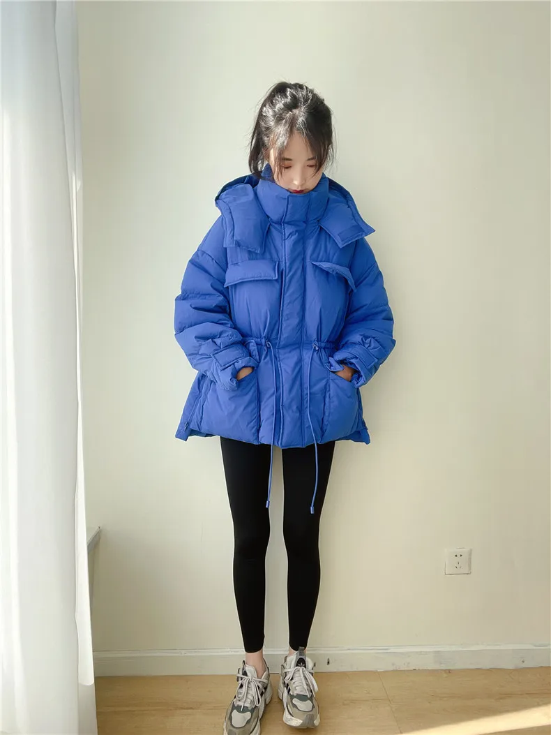 Winter Hooded Parkas Warm Jacket Women Down Cotton Coat Irregular Fluffy Bubble Drawcord Waist Outwear