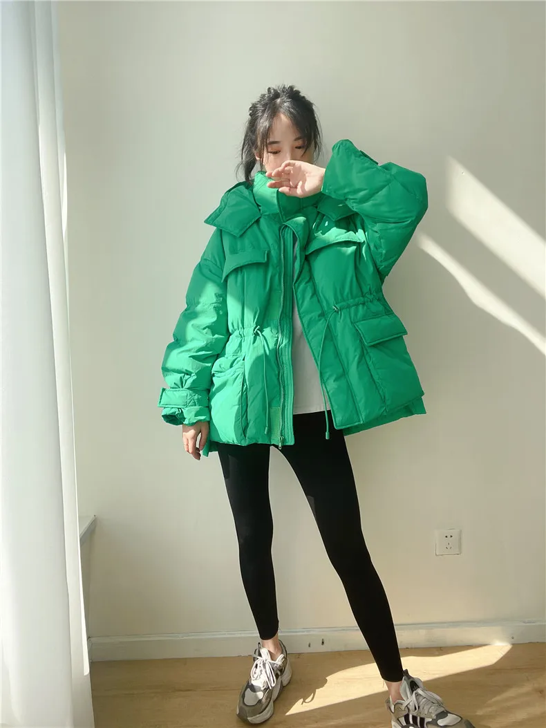 Winter Hooded Parkas Warm Jacket Women Down Cotton Coat Irregular Fluffy Bubble Drawcord Waist Outwear