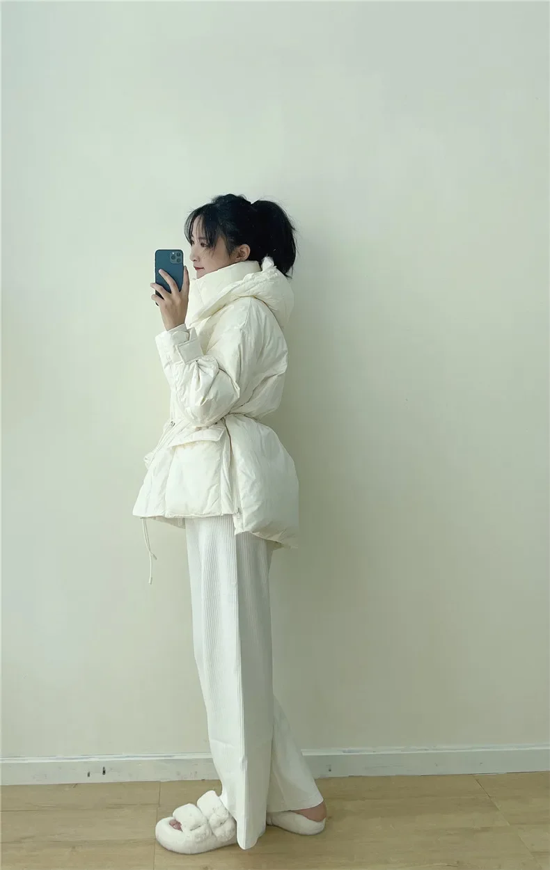 Winter Hooded Parkas Warm Jacket Women Down Cotton Coat Irregular Fluffy Bubble Drawcord Waist Outwear