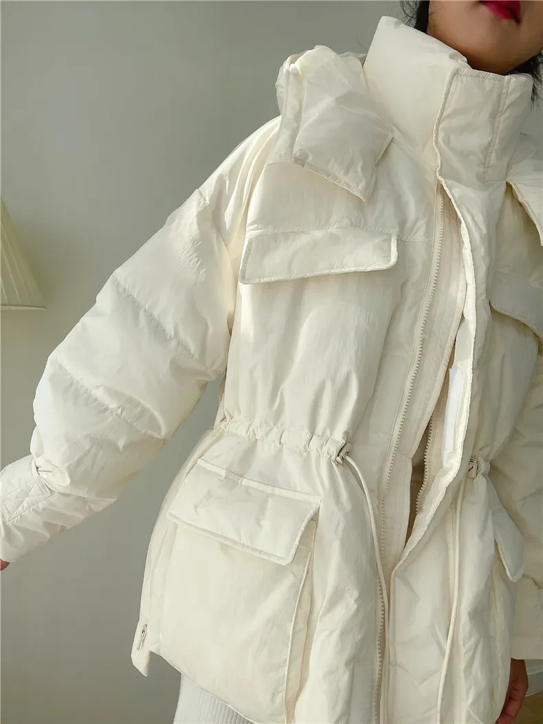 Winter Hooded Parkas Warm Jacket Women Down Cotton Coat Irregular Fluffy Bubble Drawcord Waist Outwear