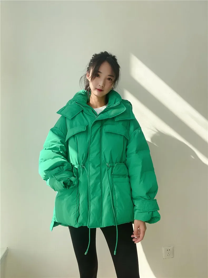 Winter Hooded Parkas Warm Jacket Women Down Cotton Coat Irregular Fluffy Bubble Drawcord Waist Outwear
