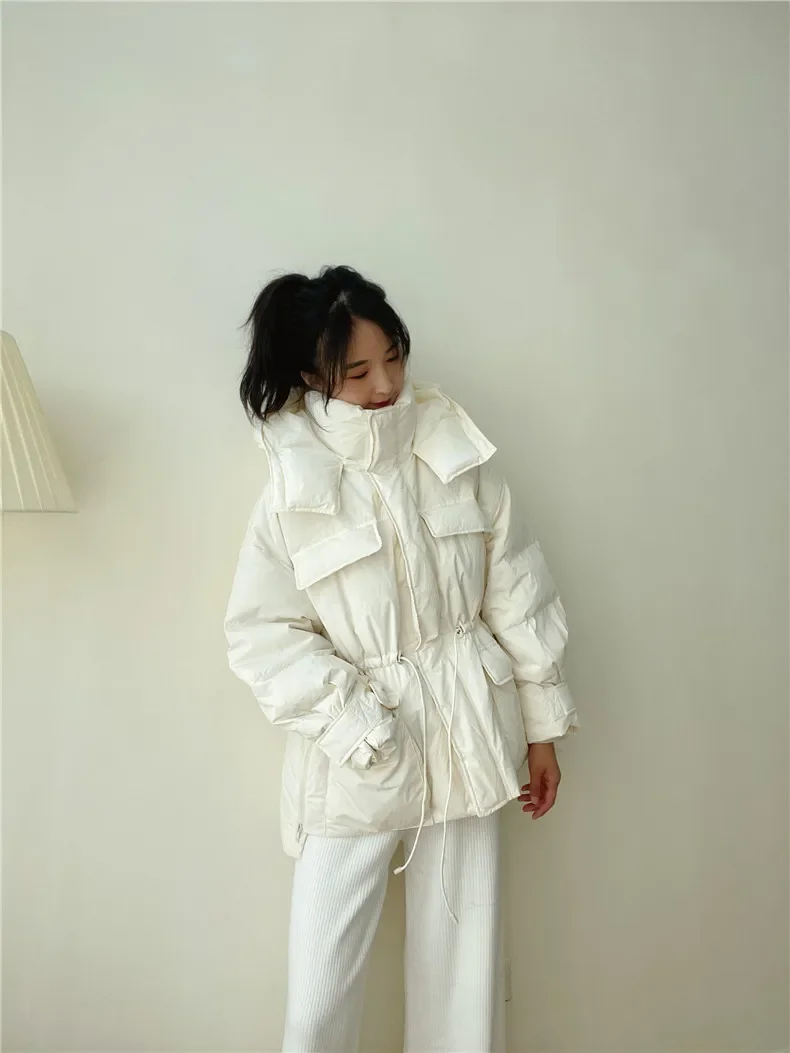 Winter Hooded Parkas Warm Jacket Women Down Cotton Coat Irregular Fluffy Bubble Drawcord Waist Outwear
