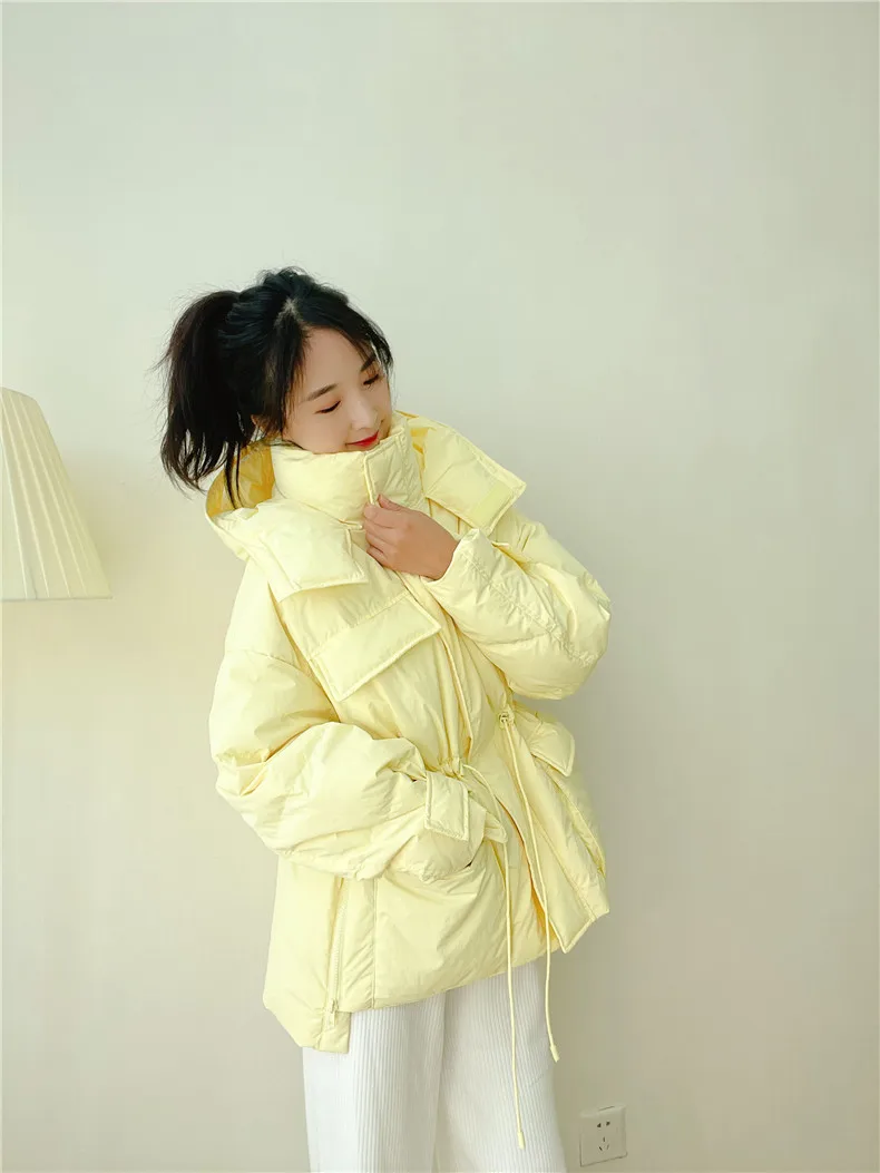 Winter Hooded Parkas Warm Jacket Women Down Cotton Coat Irregular Fluffy Bubble Drawcord Waist Outwear