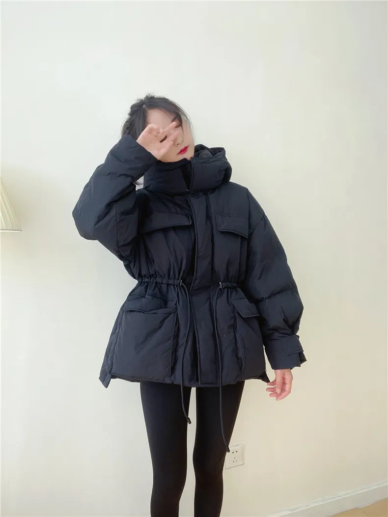 Winter Hooded Parkas Warm Jacket Women Down Cotton Coat Irregular Fluffy Bubble Drawcord Waist Outwear