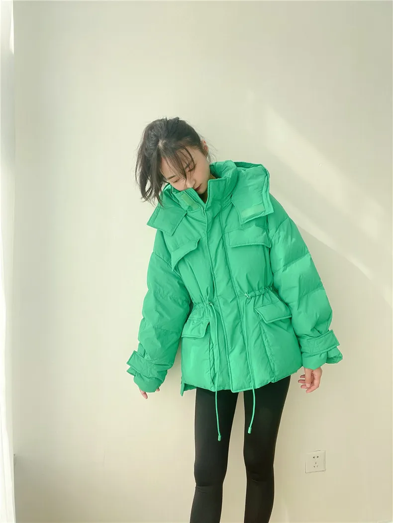 Winter Hooded Parkas Warm Jacket Women Down Cotton Coat Irregular Fluffy Bubble Drawcord Waist Outwear