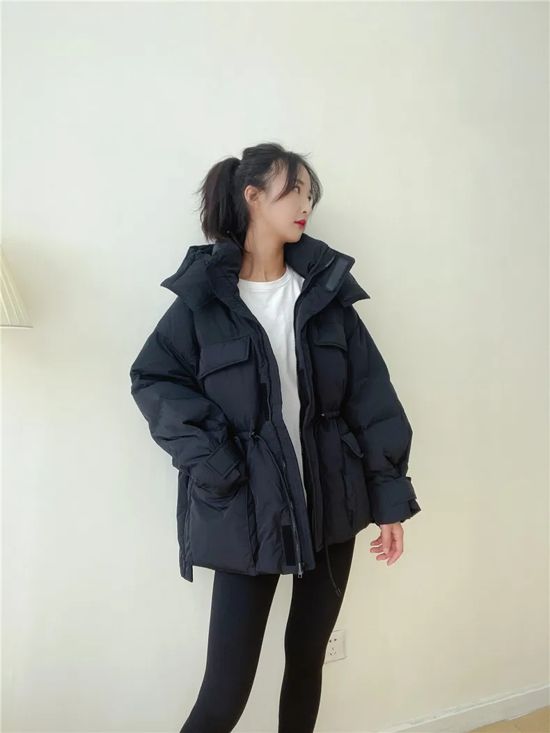 Winter Hooded Parkas Warm Jacket Women Down Cotton Coat Irregular Fluffy Bubble Drawcord Waist Outwear