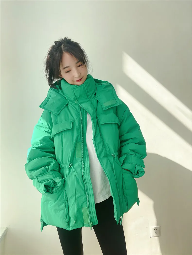 Winter Hooded Parkas Warm Jacket Women Down Cotton Coat Irregular Fluffy Bubble Drawcord Waist Outwear