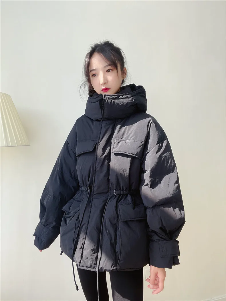 Winter Hooded Parkas Warm Jacket Women Down Cotton Coat Irregular Fluffy Bubble Drawcord Waist Outwear