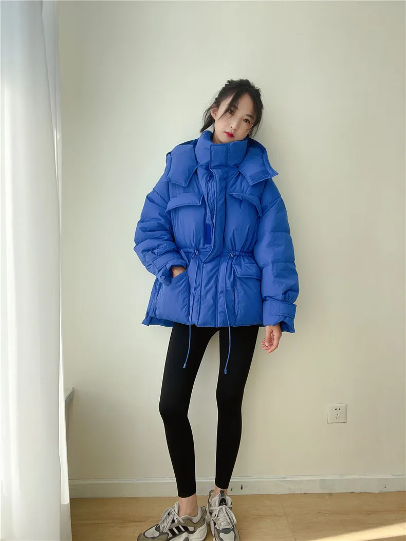 Winter Hooded Parkas Warm Jacket Women Down Cotton Coat Irregular Fluffy Bubble Drawcord Waist Outwear