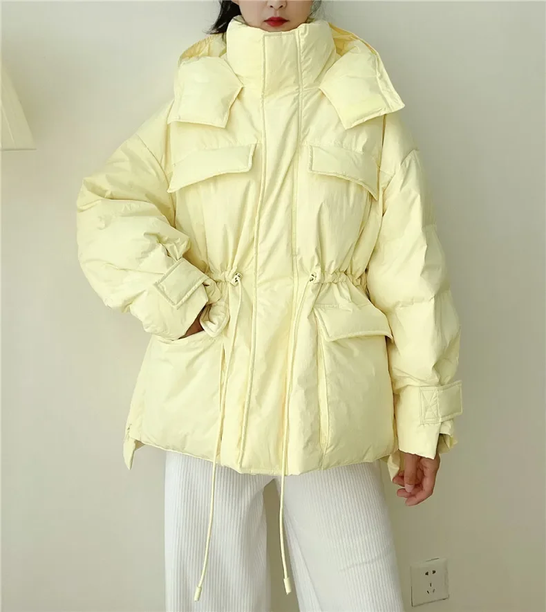 Winter Hooded Parkas Warm Jacket Women Down Cotton Coat Irregular Fluffy Bubble Drawcord Waist Outwear