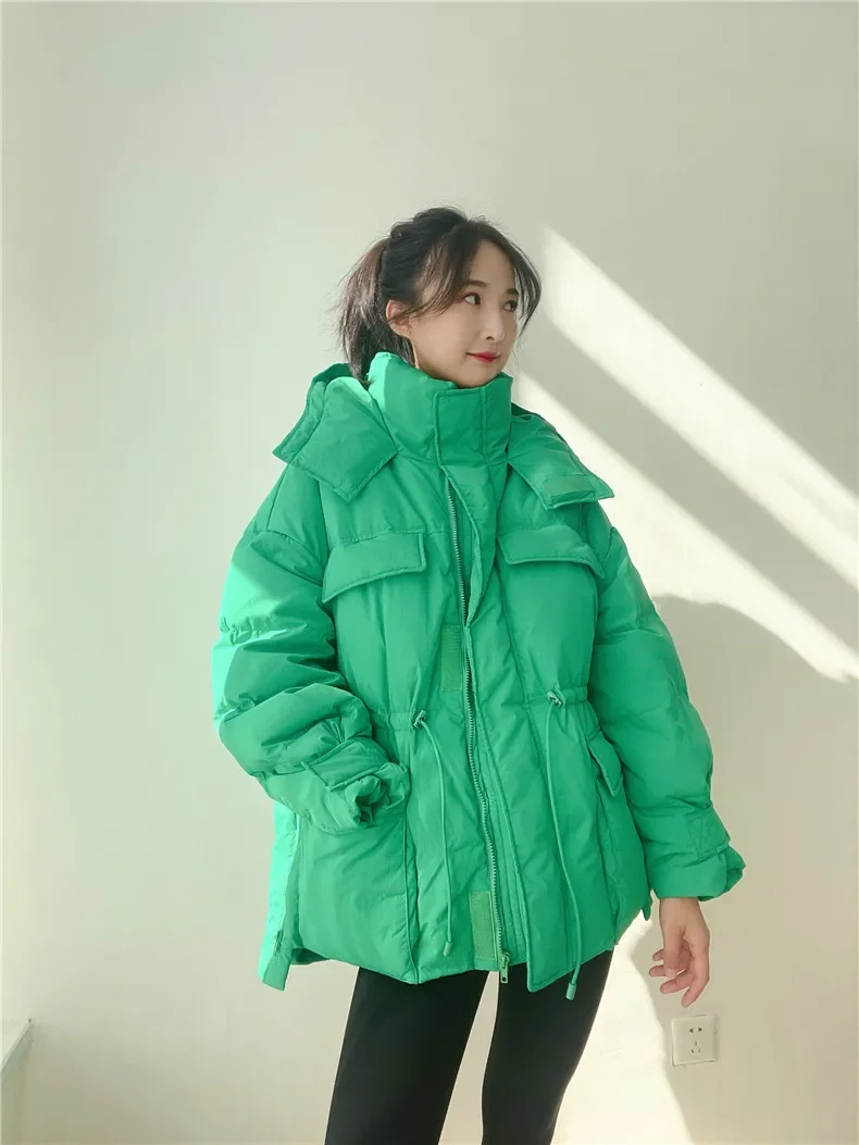 Winter Hooded Parkas Warm Jacket Women Down Cotton Coat Irregular Fluffy Bubble Drawcord Waist Outwear