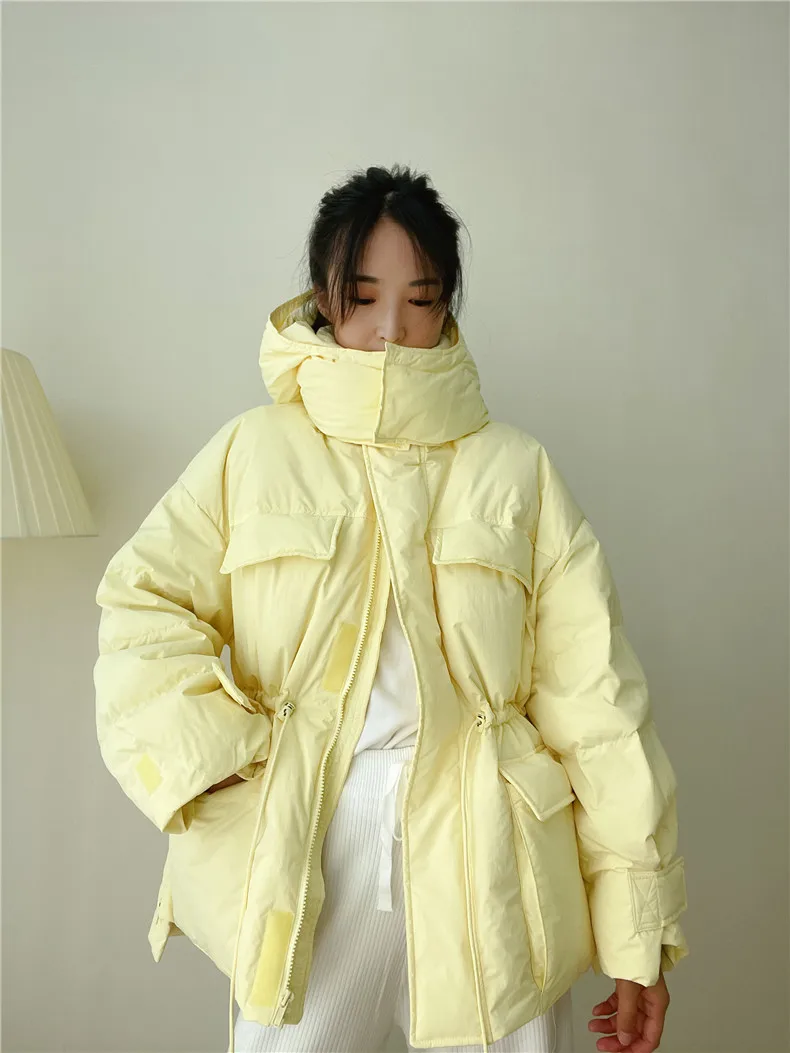 Winter Hooded Parkas Warm Jacket Women Down Cotton Coat Irregular Fluffy Bubble Drawcord Waist Outwear