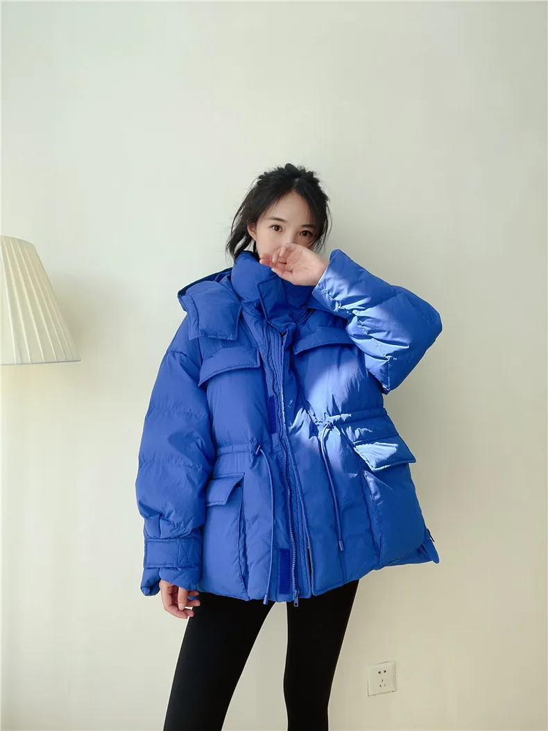 Winter Hooded Parkas Warm Jacket Women Down Cotton Coat Irregular Fluffy Bubble Drawcord Waist Outwear