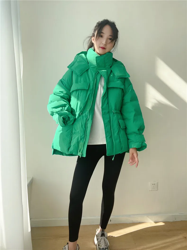 Winter Hooded Parkas Warm Jacket Women Down Cotton Coat Irregular Fluffy Bubble Drawcord Waist Outwear