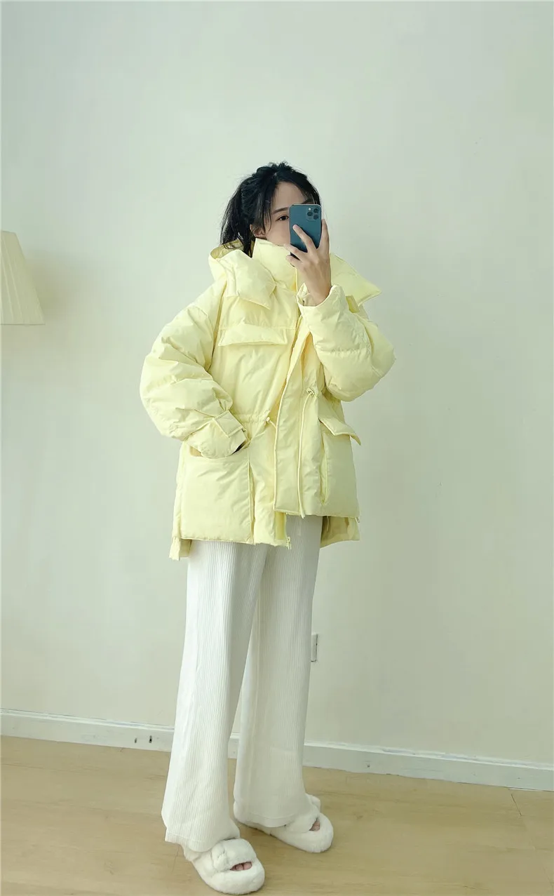 Winter Hooded Parkas Warm Jacket Women Down Cotton Coat Irregular Fluffy Bubble Drawcord Waist Outwear