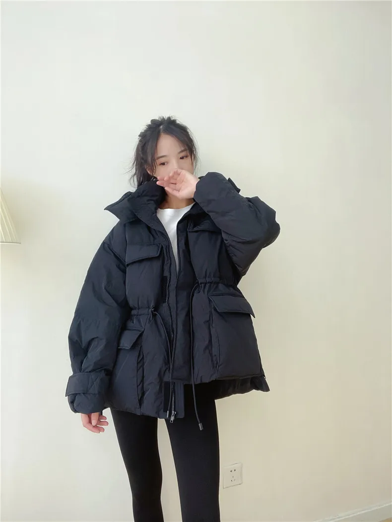 Winter Hooded Parkas Warm Jacket Women Down Cotton Coat Irregular Fluffy Bubble Drawcord Waist Outwear