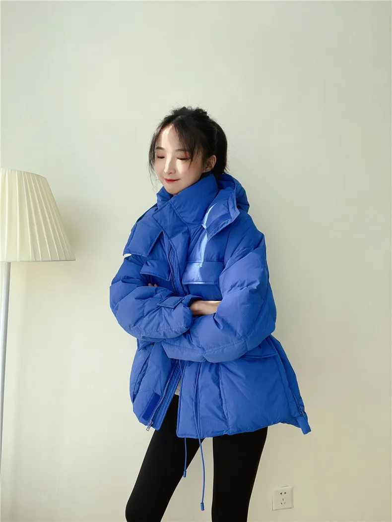 Winter Hooded Parkas Warm Jacket Women Down Cotton Coat Irregular Fluffy Bubble Drawcord Waist Outwear