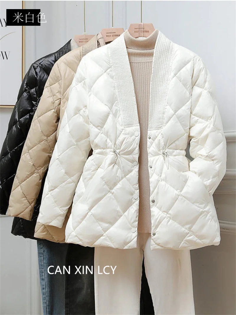 Korean 2025 Women Down Cotton Jacket Autumn Winter New Lingge Cotton Coat Female V-neck Waist Retraction Cotton Padded Parkas