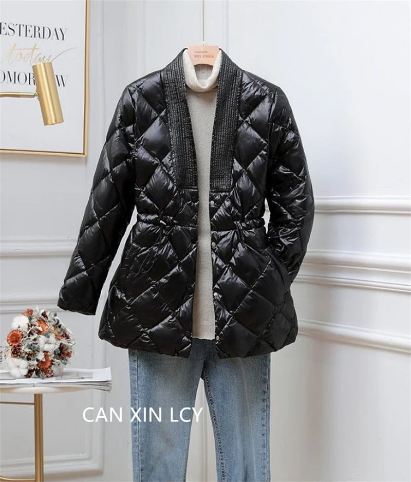 Korean 2025 Women Down Cotton Jacket Autumn Winter New Lingge Cotton Coat Female V-neck Waist Retraction Cotton Padded Parkas