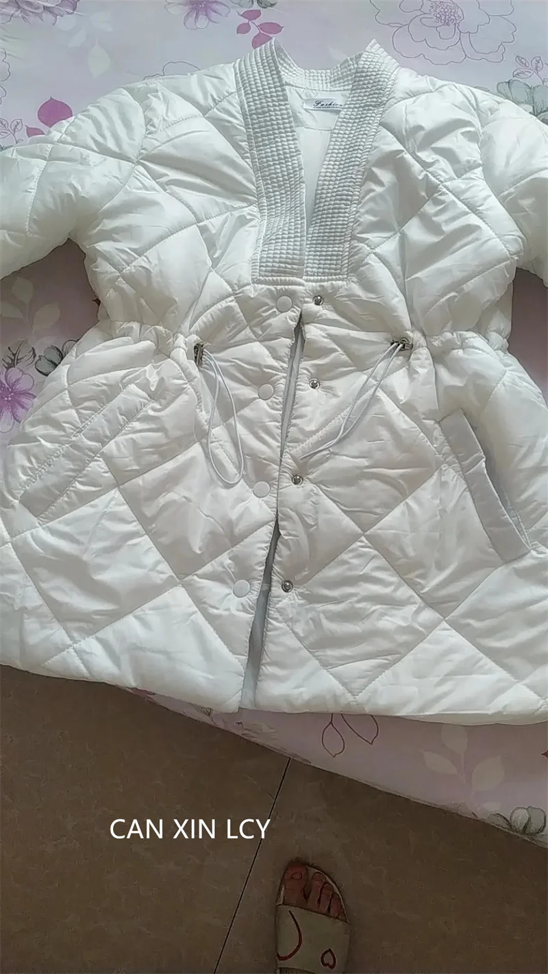 Korean 2025 Women Down Cotton Jacket Autumn Winter New Lingge Cotton Coat Female V-neck Waist Retraction Cotton Padded Parkas