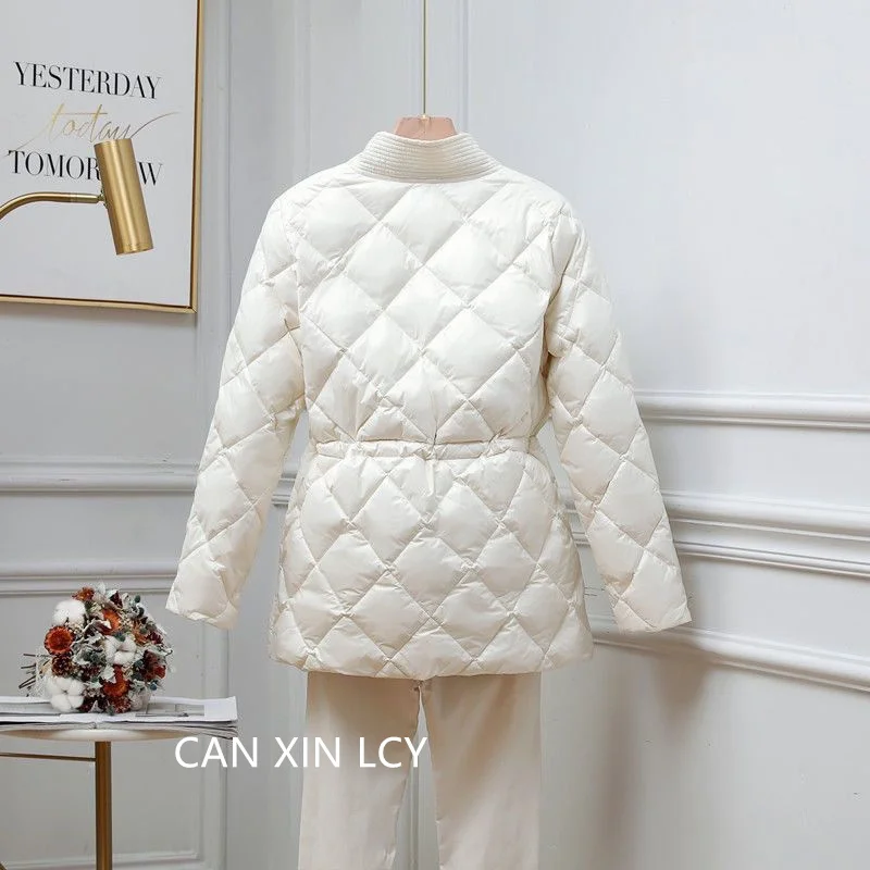 Korean 2025 Women Down Cotton Jacket Autumn Winter New Lingge Cotton Coat Female V-neck Waist Retraction Cotton Padded Parkas