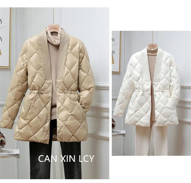Korean 2025 Women Down Cotton Jacket Autumn Winter New Lingge Cotton Coat Female V-neck Waist Retraction Cotton Padded Parkas
