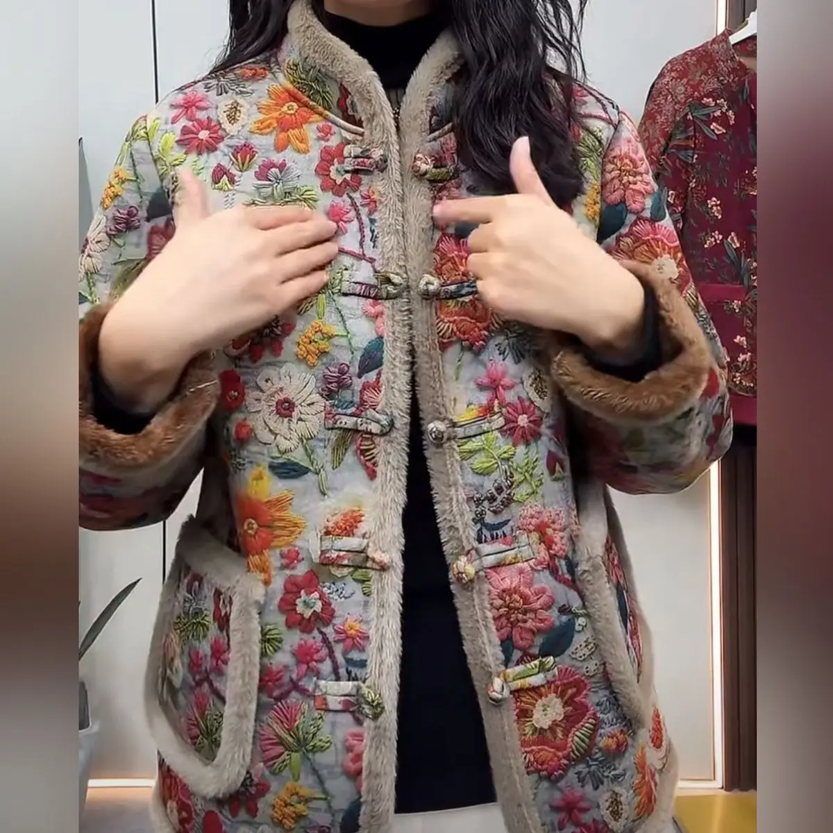 Autumn Winter Floral Print Cotton Coat Women Fleece Warm Jacket Parkas Long Sleeve Single Breasted Design Windproof Outerwear