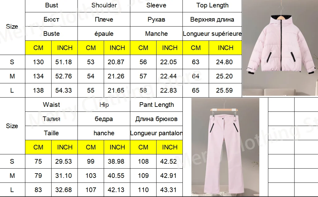 Thicken Warm Women's Skiwear Pink High Collar Hooded Cotton Padded Coats Straight Leg Zipper Pants 2025 New Winter Lady Ski Suit