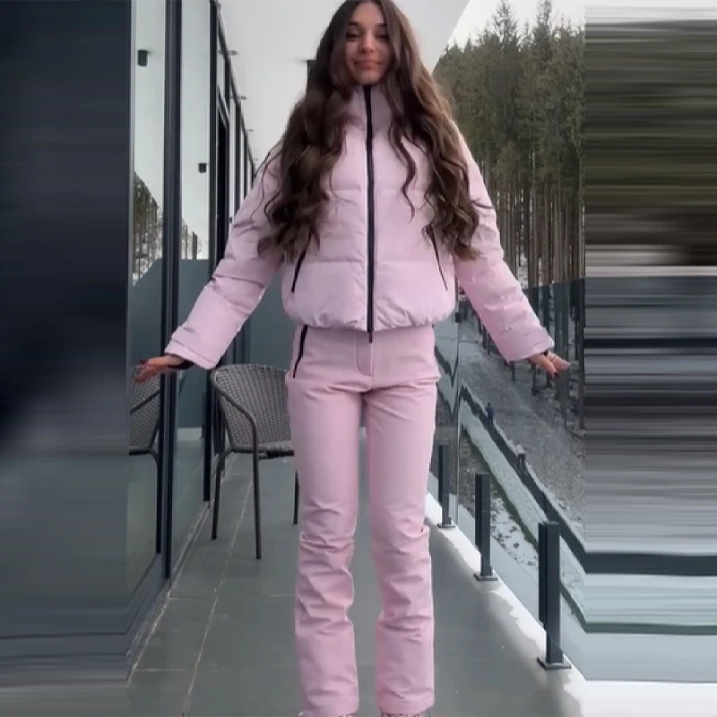 Thicken Warm Women's Skiwear Pink High Collar Hooded Cotton Padded Coats Straight Leg Zipper Pants 2025 New Winter Lady Ski Suit