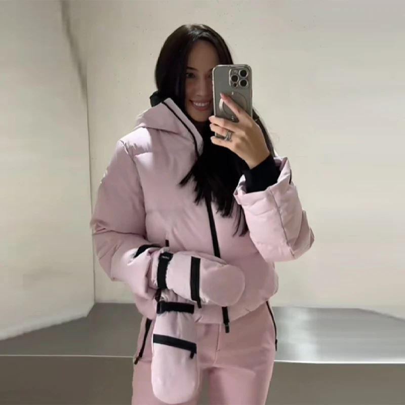 Thicken Warm Women's Skiwear Pink High Collar Hooded Cotton Padded Coats Straight Leg Zipper Pants 2025 New Winter Lady Ski Suit