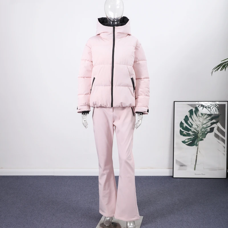 Thicken Warm Women's Skiwear Pink High Collar Hooded Cotton Padded Coats Straight Leg Zipper Pants 2025 New Winter Lady Ski Suit