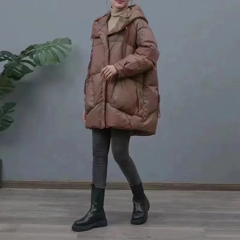 Autumn Winter Femme Medium Length Down Cotton Coat 2025 Women Long Sleeves Parkas Tops Retro Ladies Hooded Cotton Padded Jacket