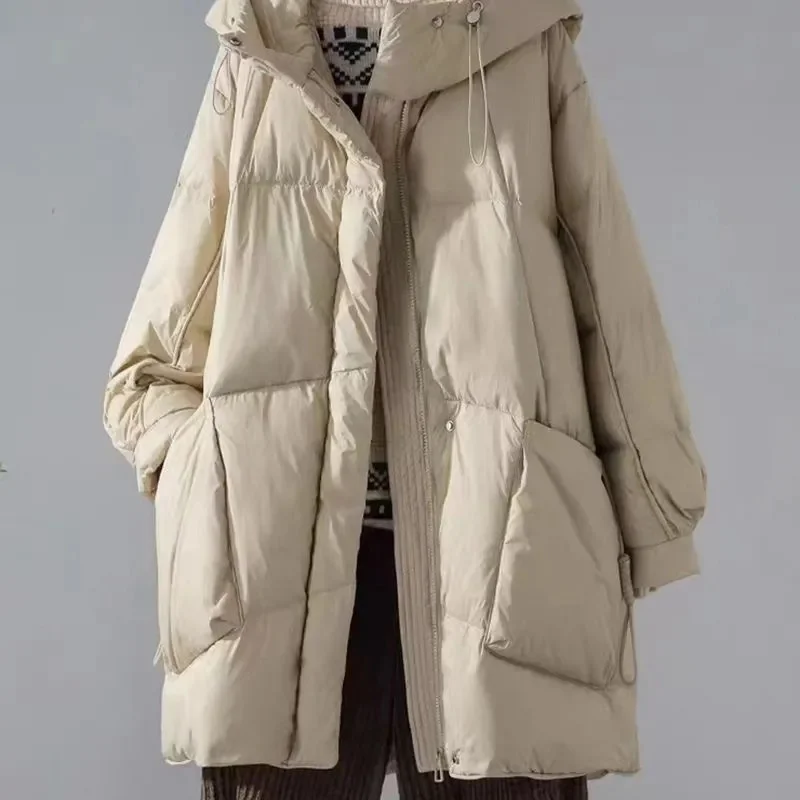 Autumn Winter Femme Medium Length Down Cotton Coat 2025 Women Long Sleeves Parkas Tops Retro Ladies Hooded Cotton Padded Jacket