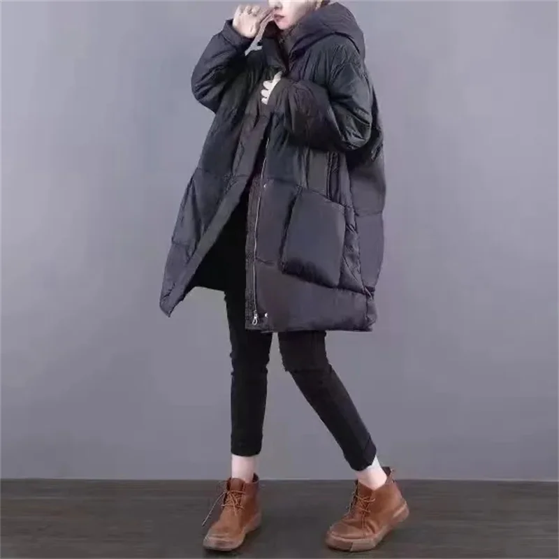 Autumn Winter Femme Medium Length Down Cotton Coat 2025 Women Long Sleeves Parkas Tops Retro Ladies Hooded Cotton Padded Jacket