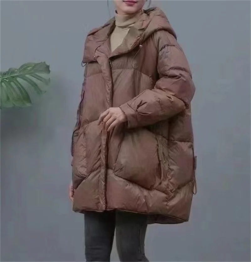 Autumn Winter Femme Medium Length Down Cotton Coat 2025 Women Long Sleeves Parkas Tops Retro Ladies Hooded Cotton Padded Jacket