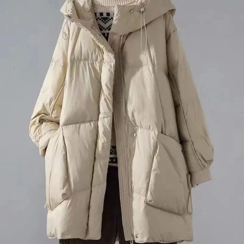 Autumn Winter Femme Medium Length Down Cotton Coat 2025 Women Long Sleeves Parkas Tops Retro Ladies Hooded Cotton Padded Jacket