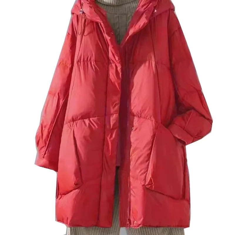 Autumn Winter Femme Medium Length Down Cotton Coat 2025 Women Long Sleeves Parkas Tops Retro Ladies Hooded Cotton Padded Jacket
