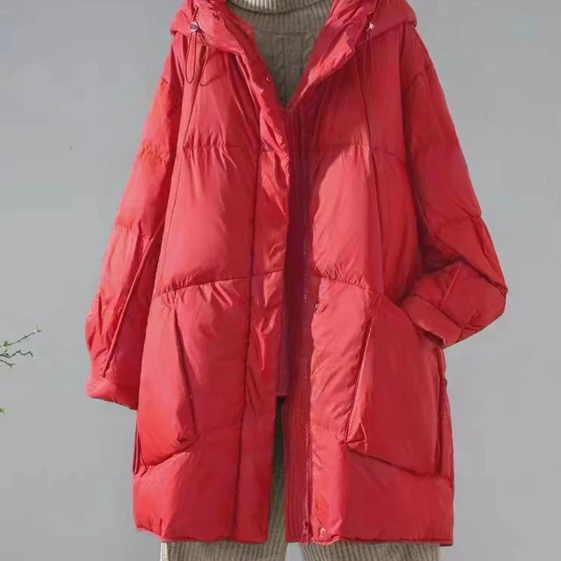 Autumn Winter Femme Medium Length Down Cotton Coat 2025 Women Long Sleeves Parkas Tops Retro Ladies Hooded Cotton Padded Jacket