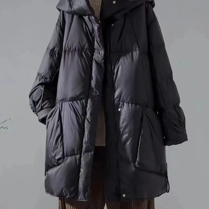 Autumn Winter Femme Medium Length Down Cotton Coat 2025 Women Long Sleeves Parkas Tops Retro Ladies Hooded Cotton Padded Jacket
