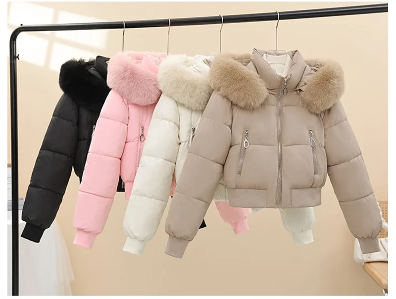 Women Winter Cotton Coat Short Fur Collar Hooded Outerwear Windproof Warm Long Sleeve Jacket Solid Color Slim Fit Lady Down Coat