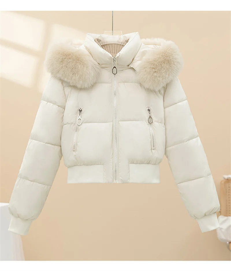 Women Winter Cotton Coat Short Fur Collar Hooded Outerwear Windproof Warm Long Sleeve Jacket Solid Color Slim Fit Lady Down Coat