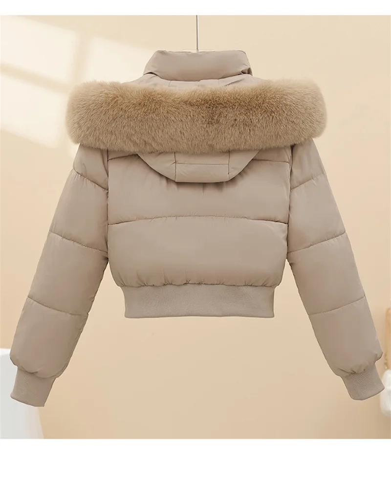 Women Winter Cotton Coat Short Fur Collar Hooded Outerwear Windproof Warm Long Sleeve Jacket Solid Color Slim Fit Lady Down Coat