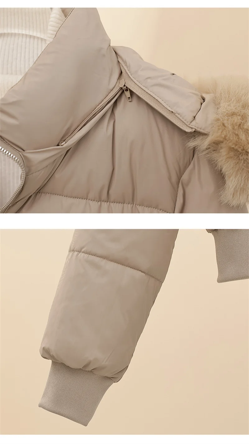 Women Winter Cotton Coat Short Fur Collar Hooded Outerwear Windproof Warm Long Sleeve Jacket Solid Color Slim Fit Lady Down Coat