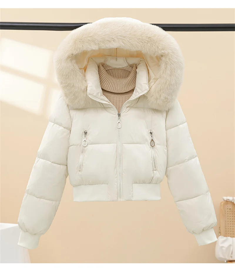 Women Winter Cotton Coat Short Fur Collar Hooded Outerwear Windproof Warm Long Sleeve Jacket Solid Color Slim Fit Lady Down Coat