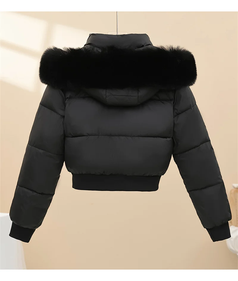 Women Winter Cotton Coat Short Fur Collar Hooded Outerwear Windproof Warm Long Sleeve Jacket Solid Color Slim Fit Lady Down Coat