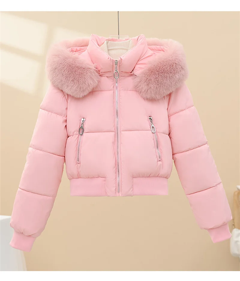 Women Winter Cotton Coat Short Fur Collar Hooded Outerwear Windproof Warm Long Sleeve Jacket Solid Color Slim Fit Lady Down Coat