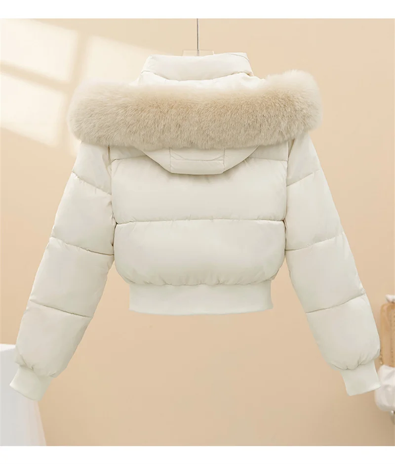 Women Winter Cotton Coat Short Fur Collar Hooded Outerwear Windproof Warm Long Sleeve Jacket Solid Color Slim Fit Lady Down Coat