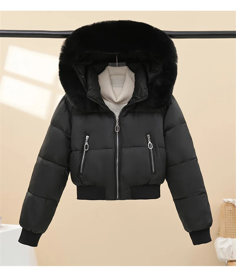 Women Winter Cotton Coat Short Fur Collar Hooded Outerwear Windproof Warm Long Sleeve Jacket Solid Color Slim Fit Lady Down Coat